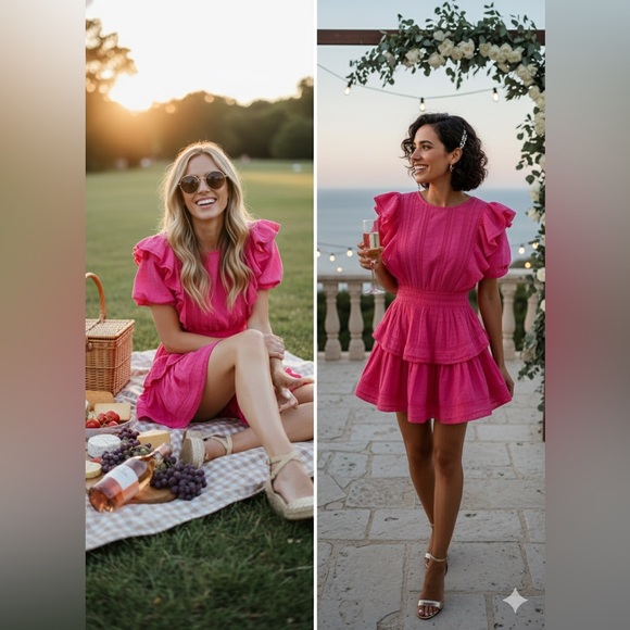 LoveShackFancy Natasha Watermelon Ice Pink Ruffle Lace Trim Mini Dress Size M - Picture 3 of 14